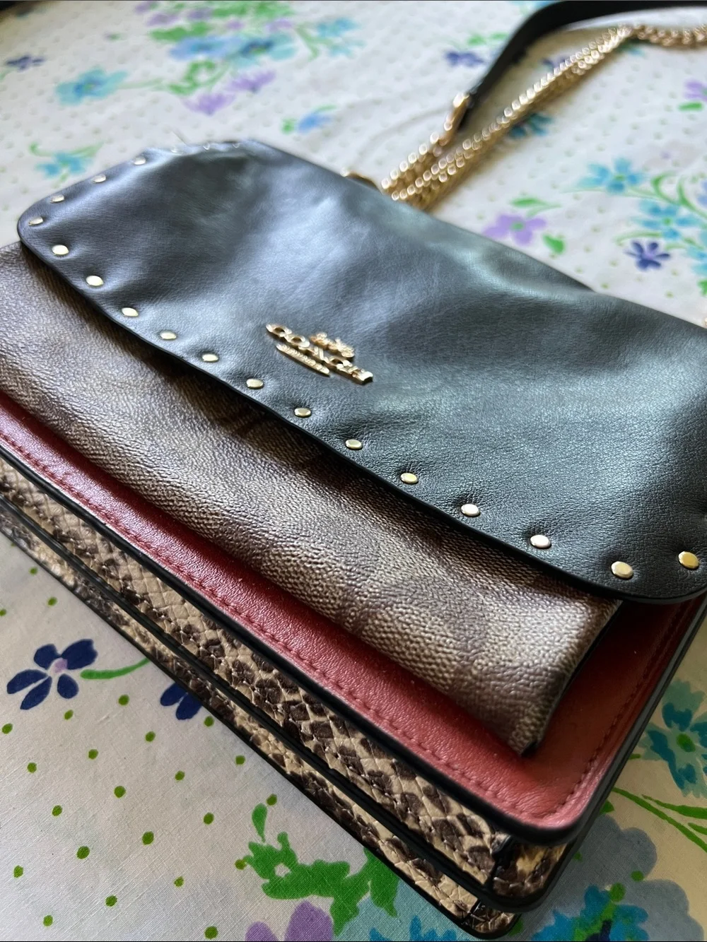 Coach Klare Leather Brown Monogram Crossbody with Snake Print Accent